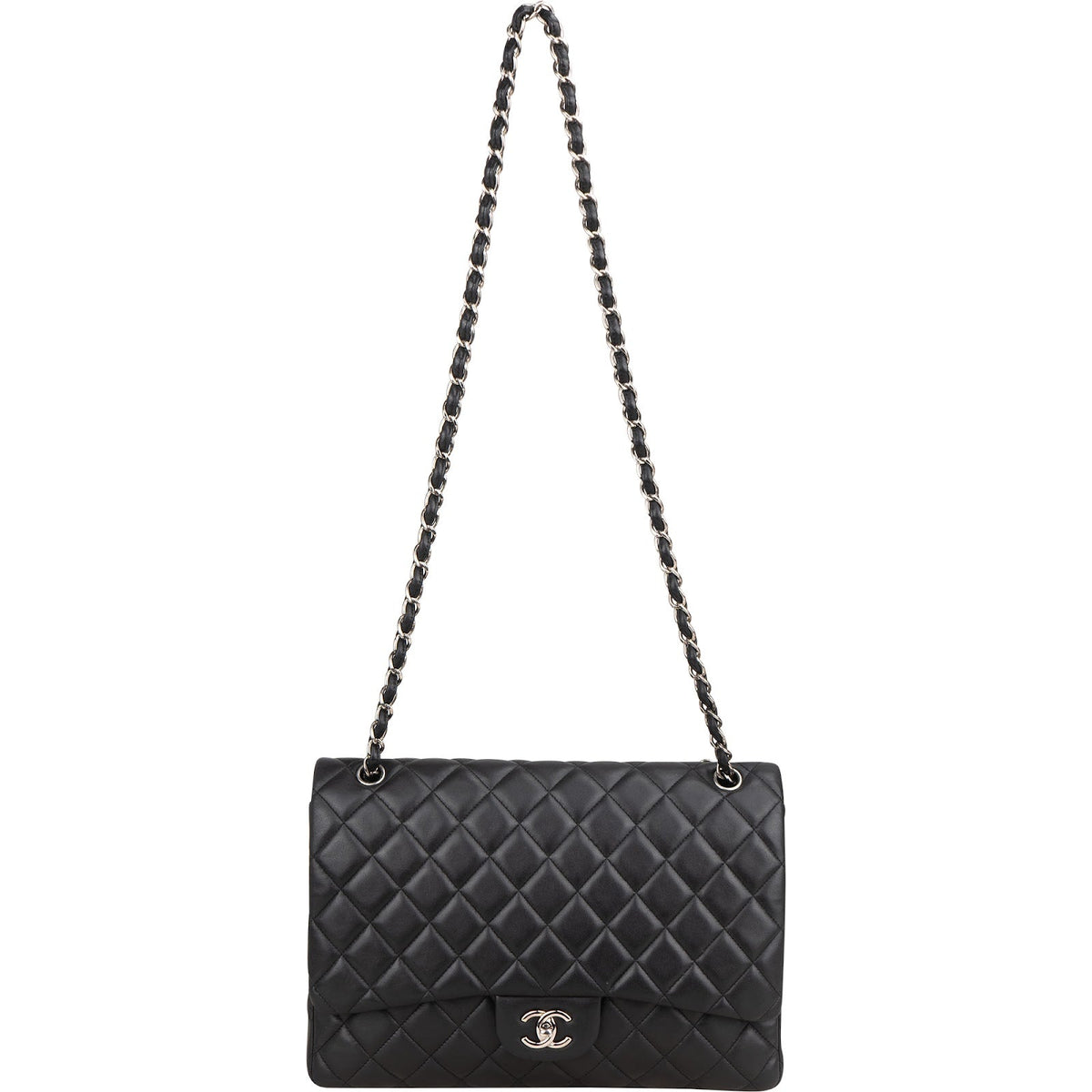 Borsa a tracolla Chanel Maxi Single Flap in pelle di agnello trapuntata con dettagli in palladio