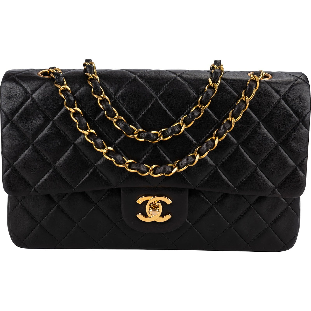 Chanel 24K Gold Medium Double Flap aus Lammleder (braun / schwarz) – Vorderansicht