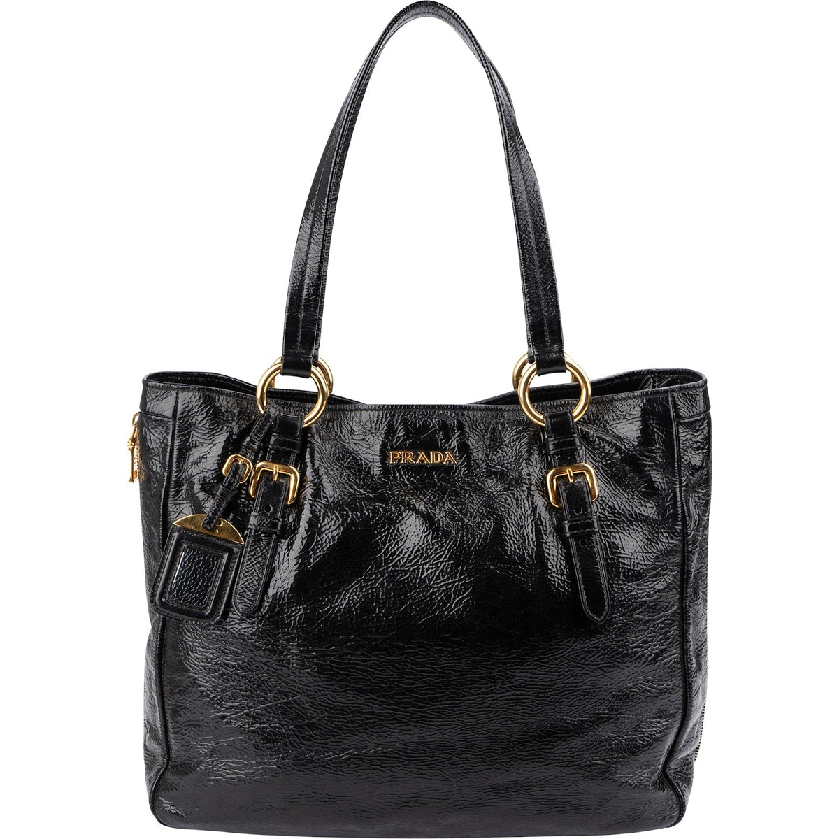 Prada Crinkled Vernice Naplak Leather Zip Around Tote Shoulder Bag