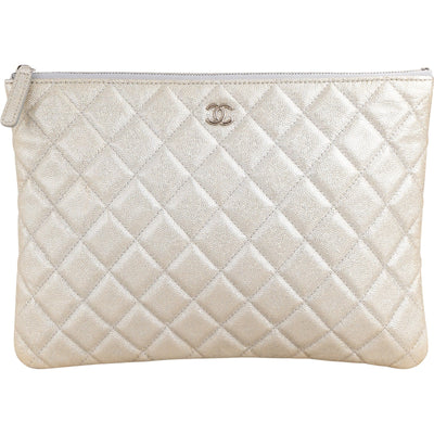 Chanel Quilted Metallic Glittered Caviar Leather CC Clutch