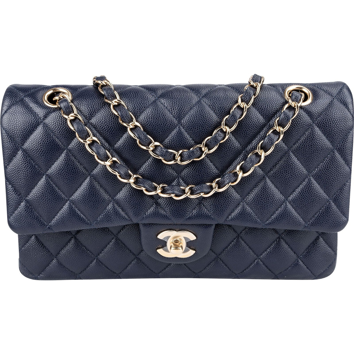 Chanel Medium Gold Double Flap aus Caviar-Leder – Vorderansicht