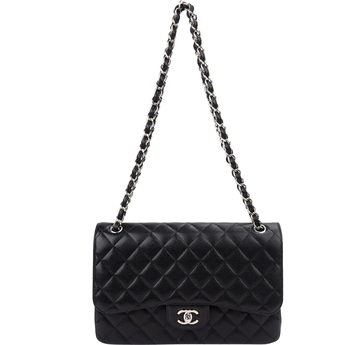 Chanel Quilted Caviar Leather Palladium Jumbo Double Flap Crossbody Bag