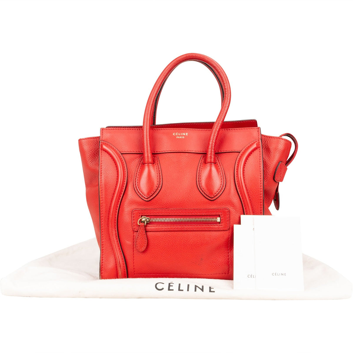 Céline Red Grained Leather Luggage Handbag