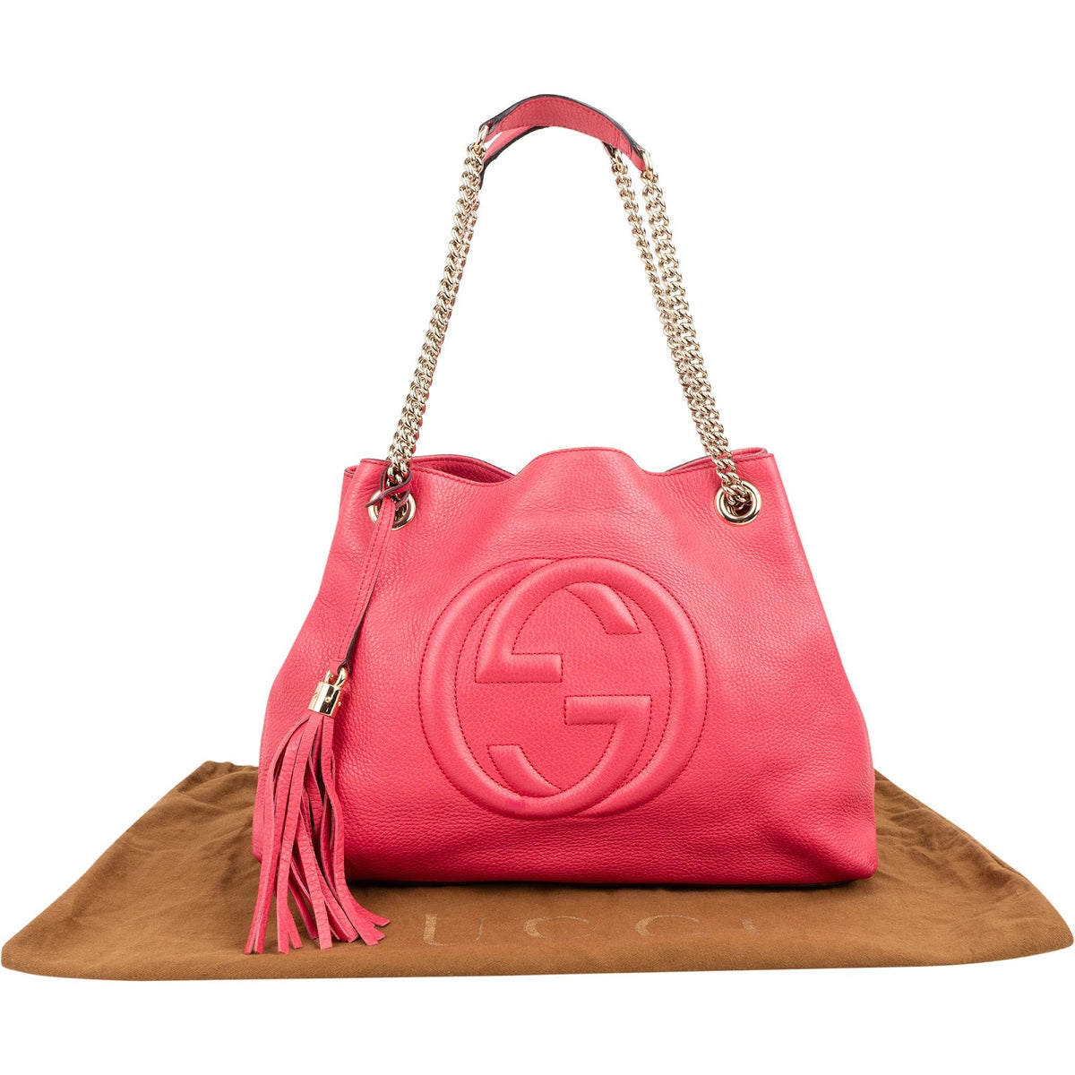 Borsa tote a spalla Gucci Soho in pelle martellata rosa con catena