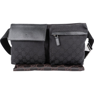 Gucci Black Leather Monogram GG Canvas Belt Crossbody Bag