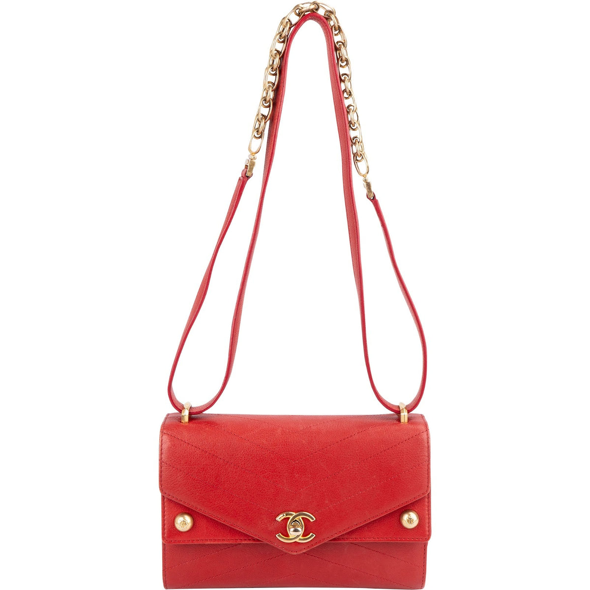 Bolso de hombro y bandolera Chanel con solapa doble, diseño Chevron y pespuntes en piel