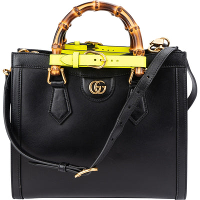 Gucci Black Leather Diana Bamboo Belts Handbag