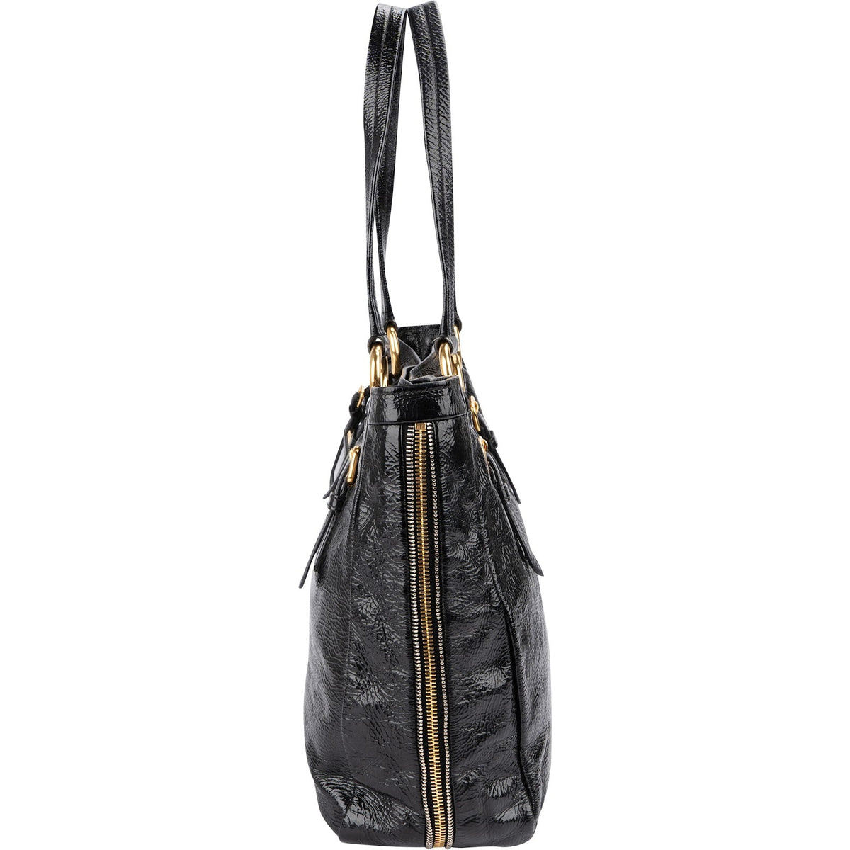 Prada Crinkled Vernice Naplak Leather Zip Around Tote Shoulder Bag