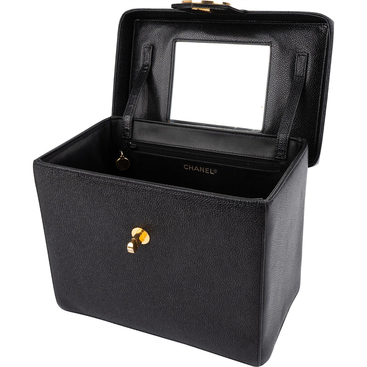 Sac à main Chanel CC Vanity Case à poignée en cuir caviar noir, pièces métalliques plaquées or 24K
