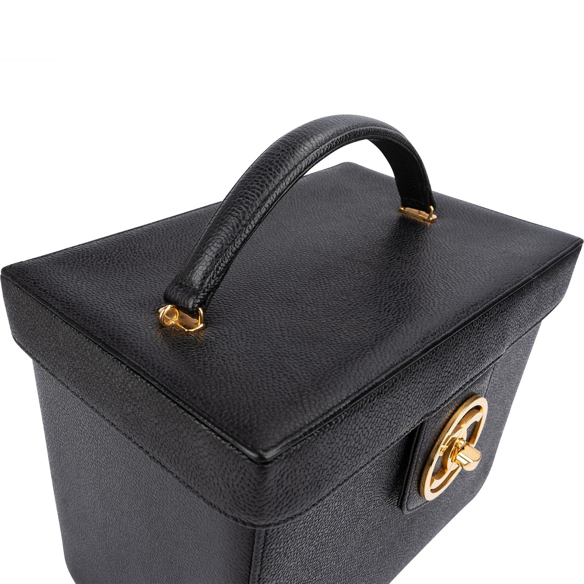 Sac à main Chanel CC Vanity Case à poignée en cuir caviar noir, pièces métalliques plaquées or 24K