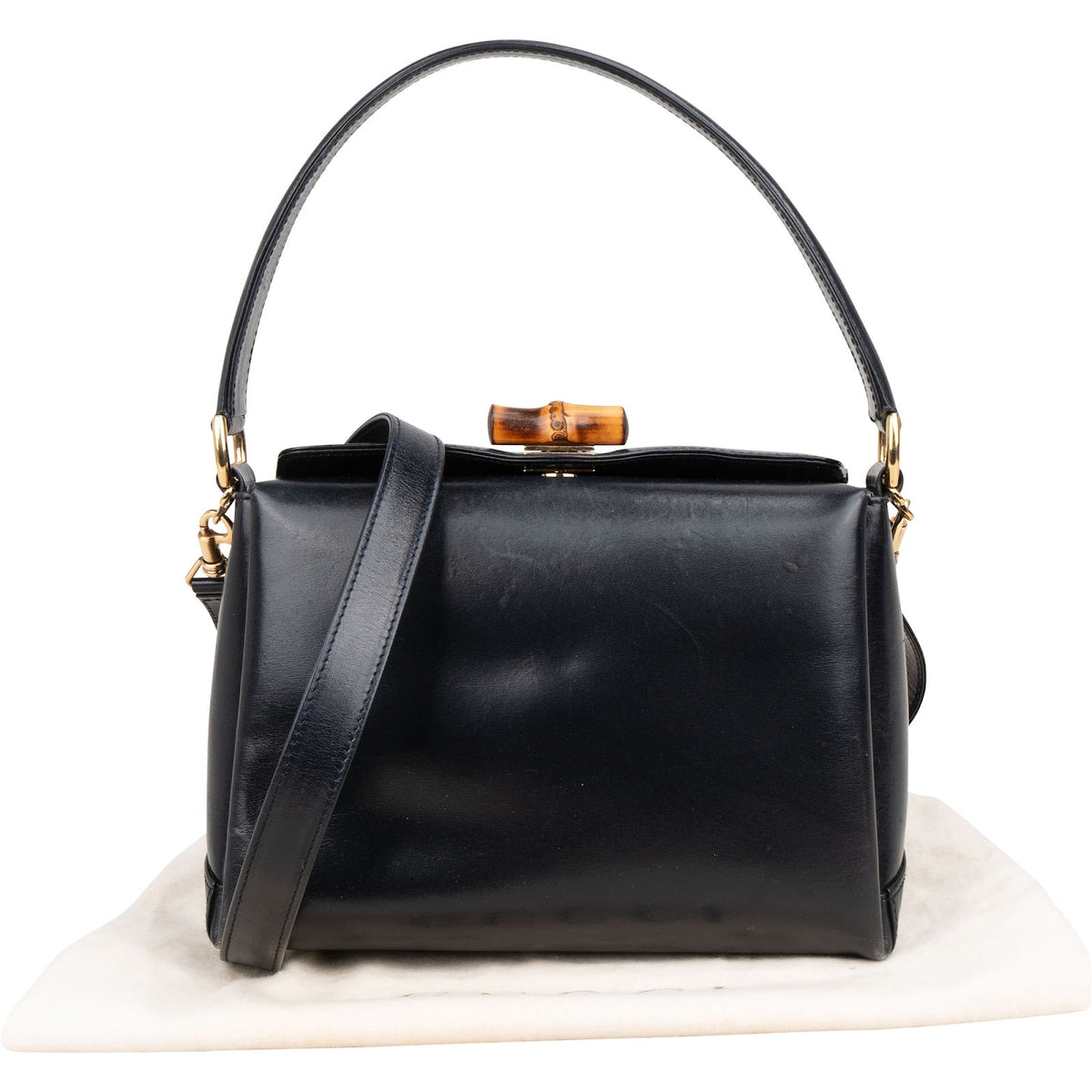 Borsa a mano vintage Gucci in pelle blu con manico in bambù