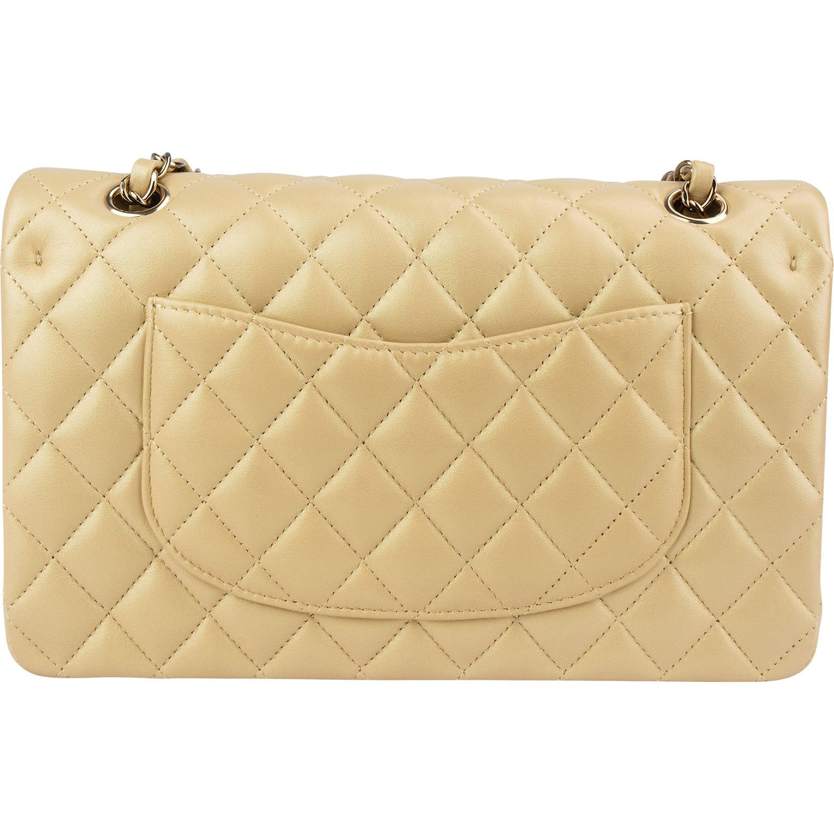 Chanel middelgrote dubbele flap schoudertas van goudkleurig glinsterend doorgestikt lamsleer