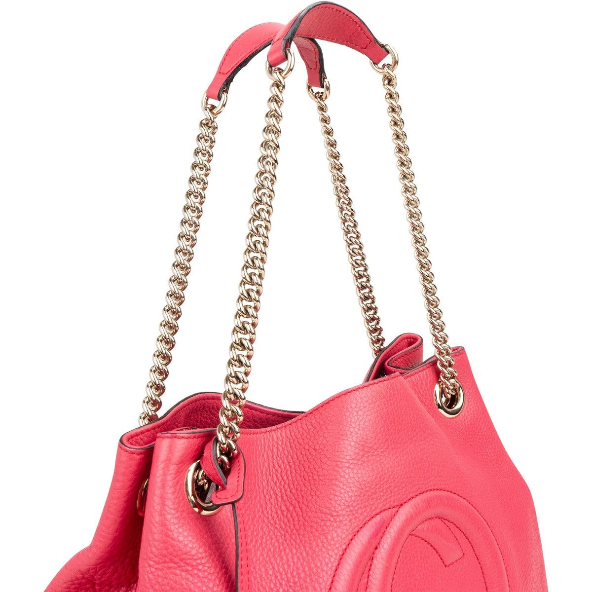 Borsa tote a spalla Gucci Soho in pelle martellata rosa con catena