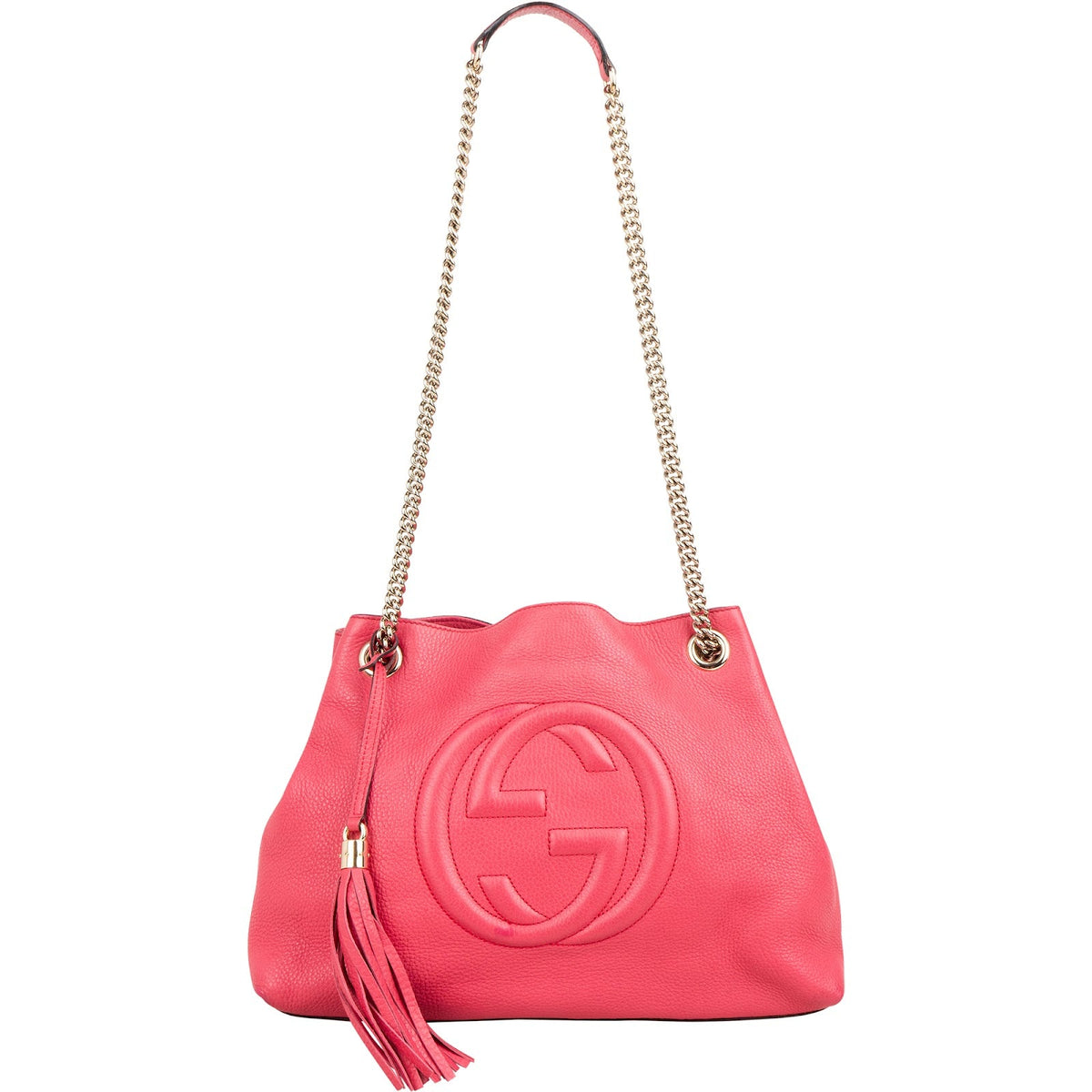 Borsa tote a spalla Gucci Soho in pelle martellata rosa con catena