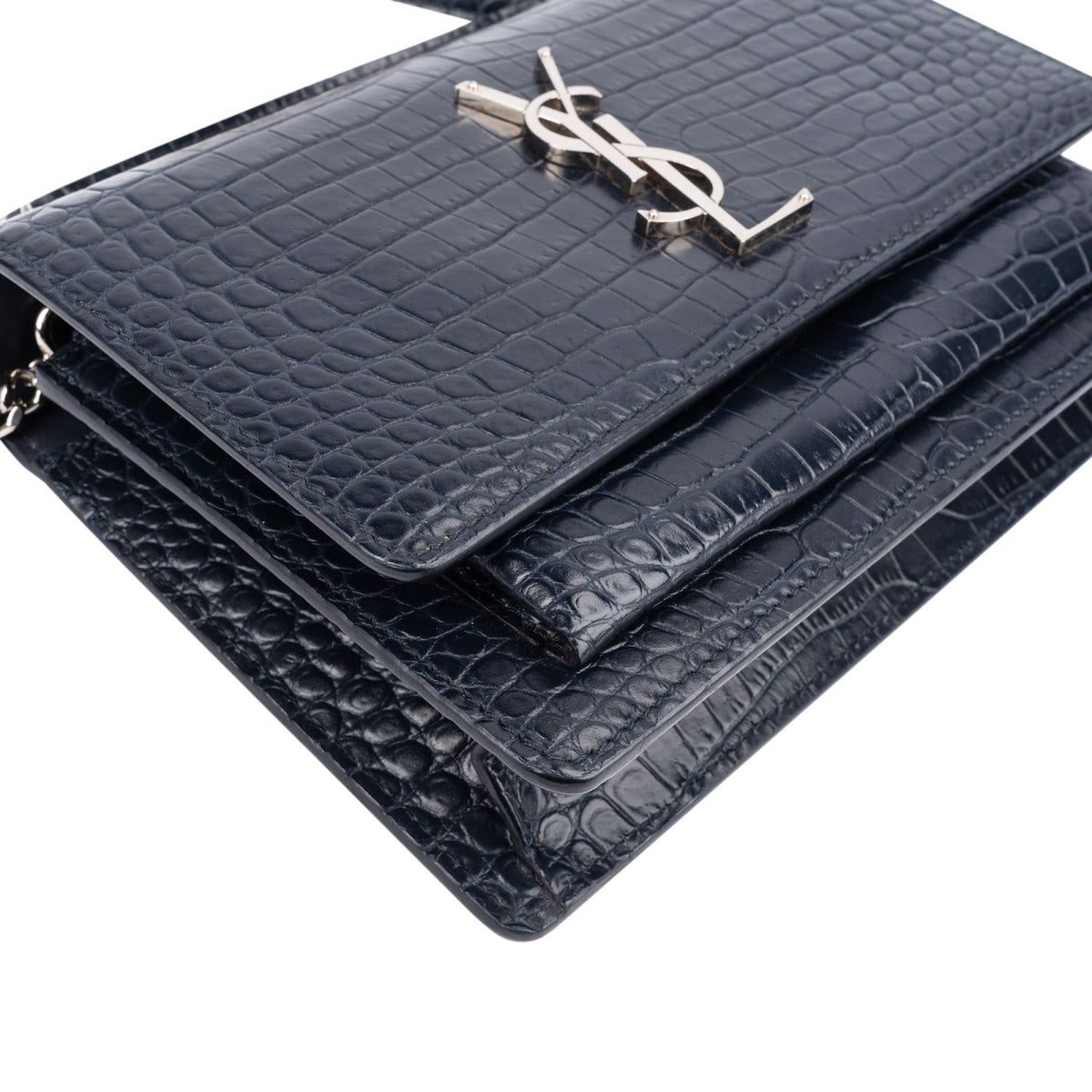 Sac bandoulière Saint Laurent Sunset à poignée supérieure en cuir gaufré façon crocodile bleu marine