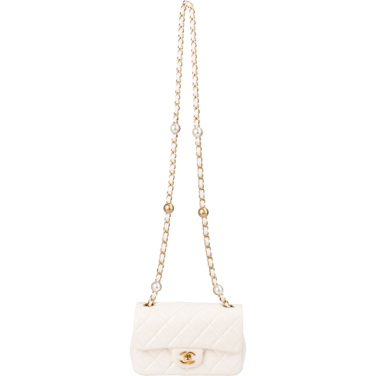 Sac bandoulière Chanel Mini Rectangular à rabat simple en cuir d'agneau matelassé avec perles
