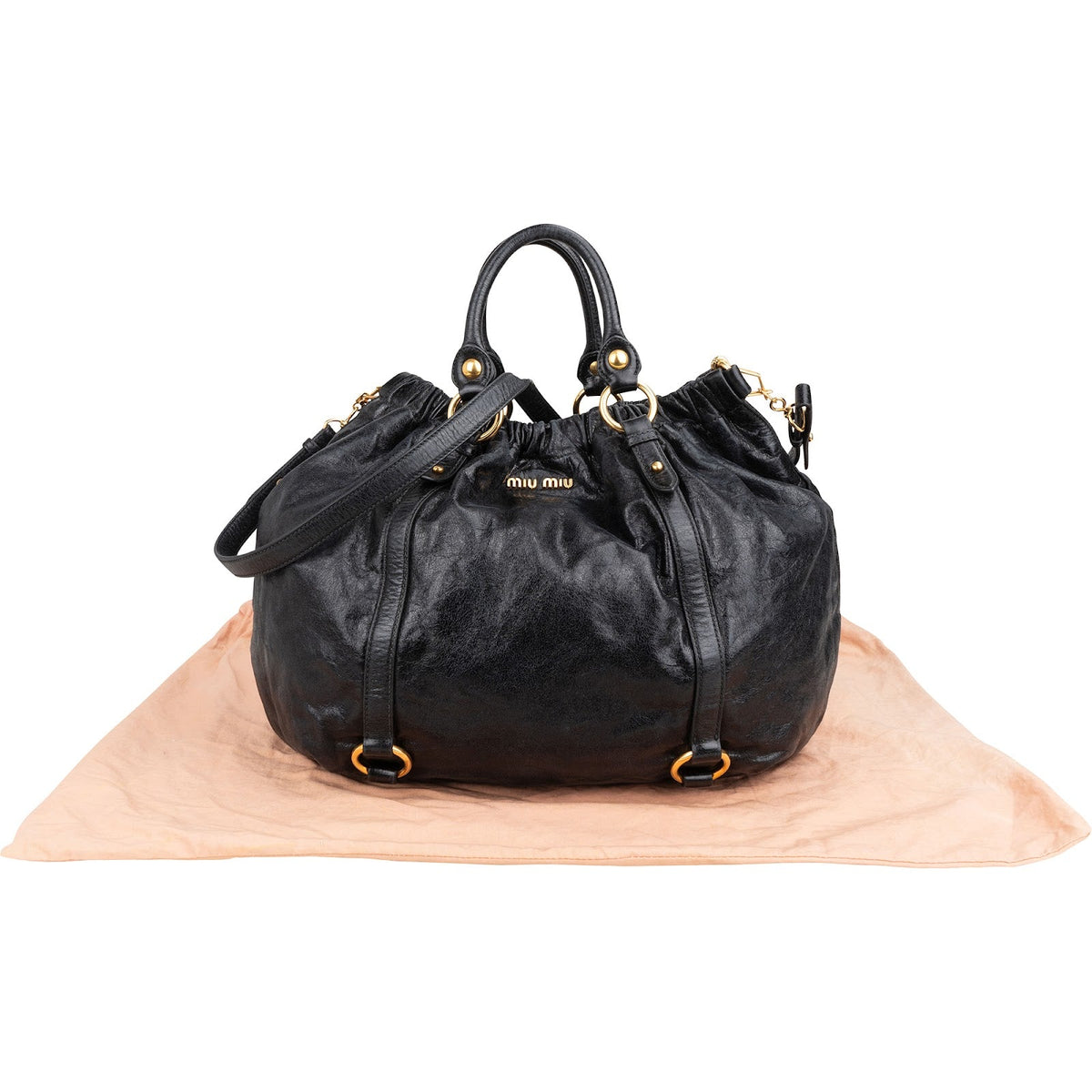 Bolso de mano Miu Miu Hobo Satchel fruncido en piel Vitello Lux negra