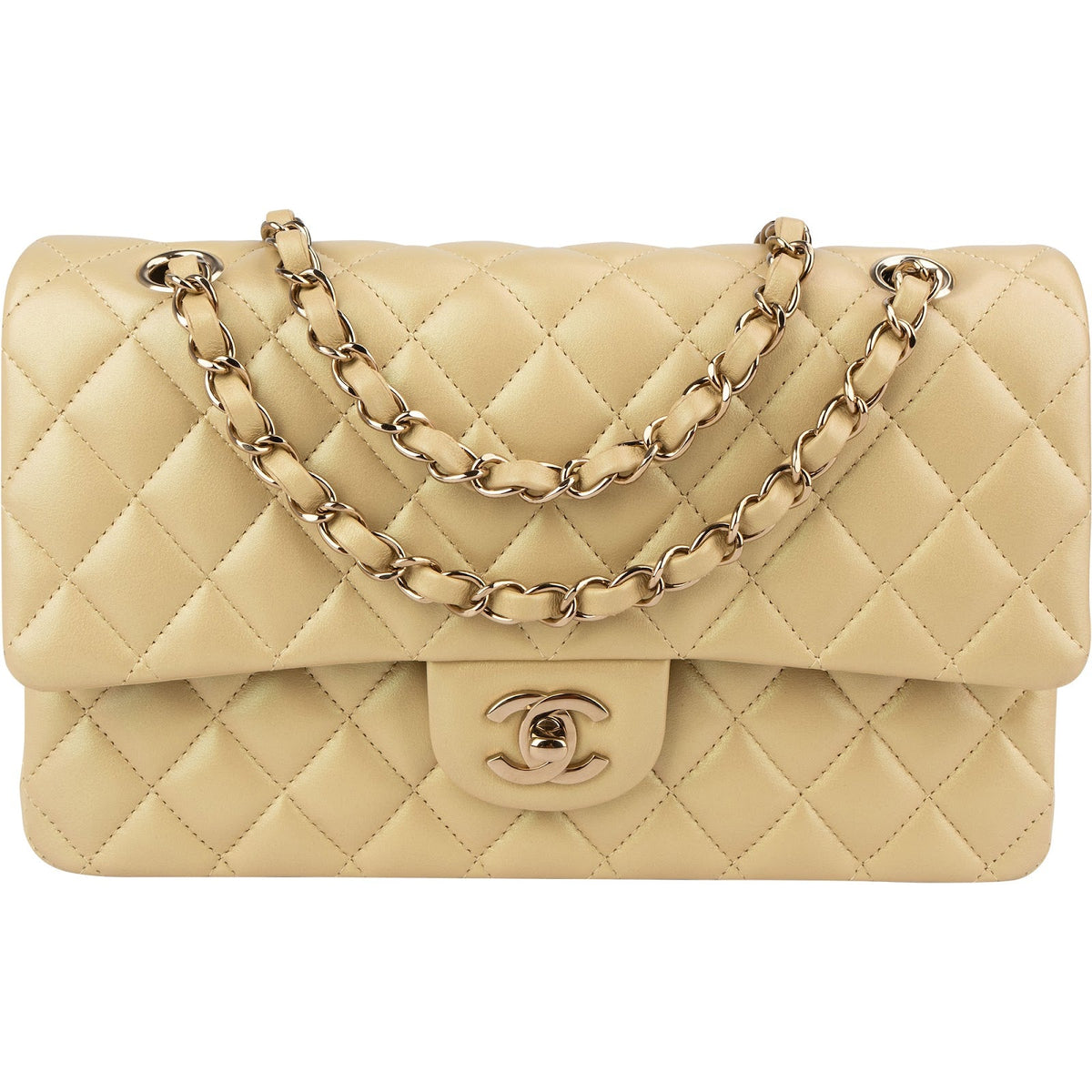 Chanel middelgrote dubbele flap schoudertas van goudkleurig glinsterend doorgestikt lamsleer