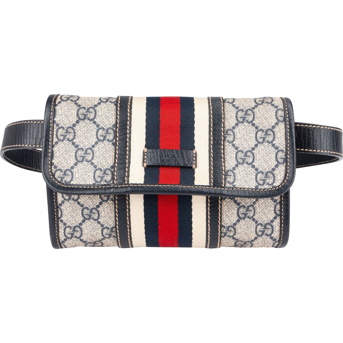 Gucci Blau Monogram GG Supreme Web Belt aus Canvas und Leder – Vorderansicht