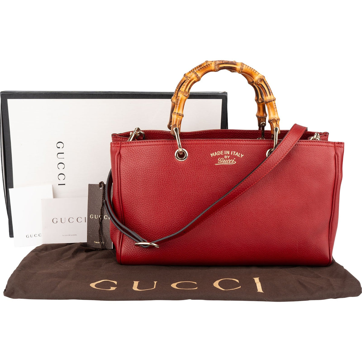 Gucci Tote-handtas van generfd leer met bamboe handvat