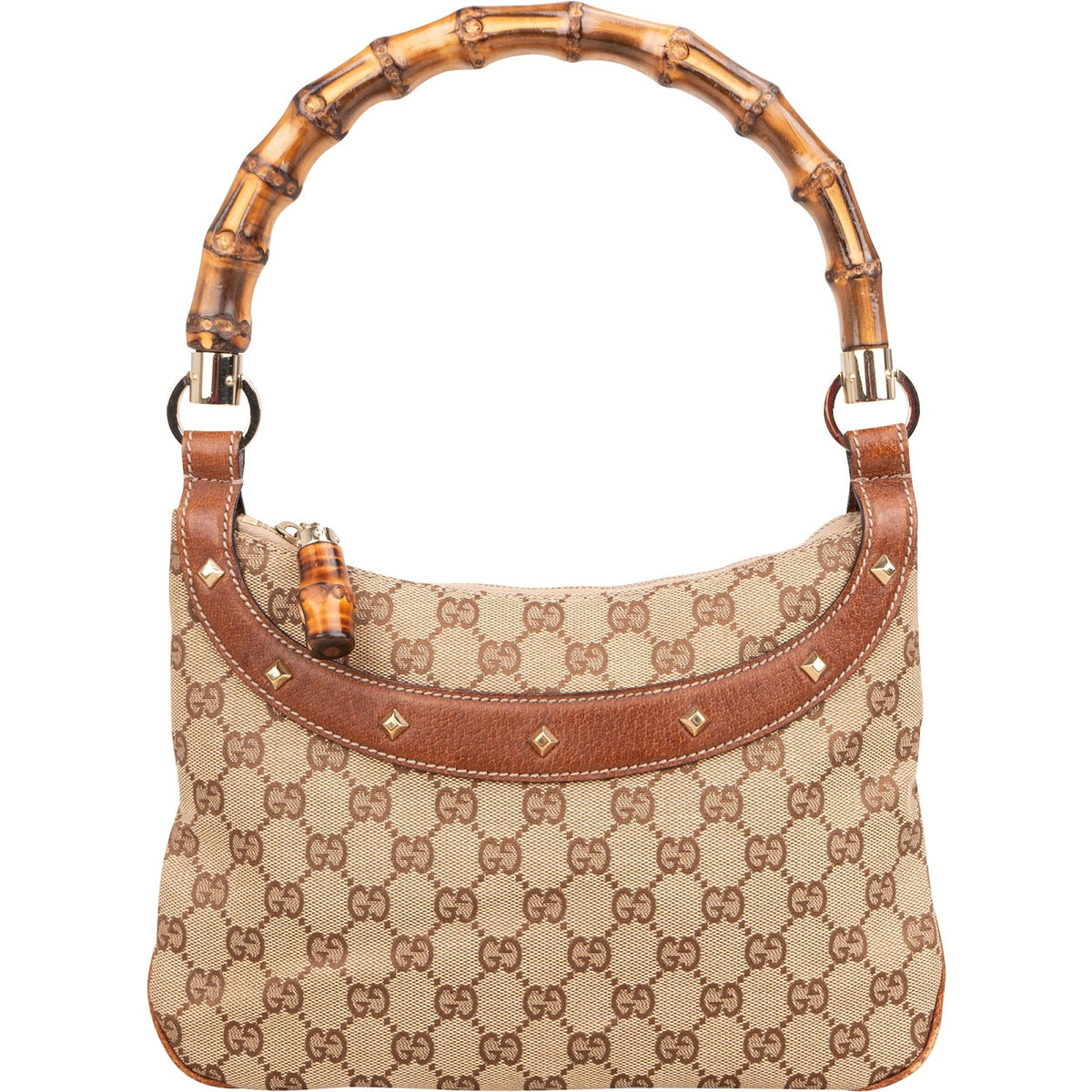 Gucci Monogram GG Bamboo Handle Studded Hobo aus Canvas und Leder – Vorderansicht