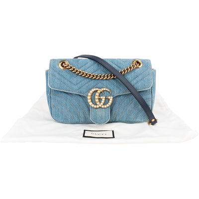 Gucci Matelassé Denim Pearl GG Marmont Crossbody Bag