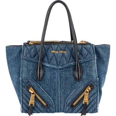 Miu Miu Quilted Denim Biker Tote Handbag