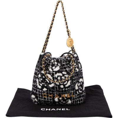Chanel 22 Cashmere Checkered Rose Pattern Small Bucket Crossbody Handbag