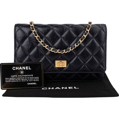 Chanel Quilted Crinkled Navy Lambskin 2.55 Reissue Wallet On Chain Crossbody Bag