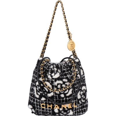 Chanel 22 Cashmere Checkered Rose Pattern Small Bucket Crossbody Handbag