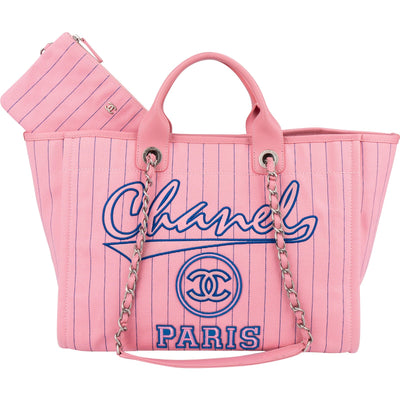 Chanel Canvas Pinstripe Bicolor Deauville Baseball Tote Shopper Shoulder Bag