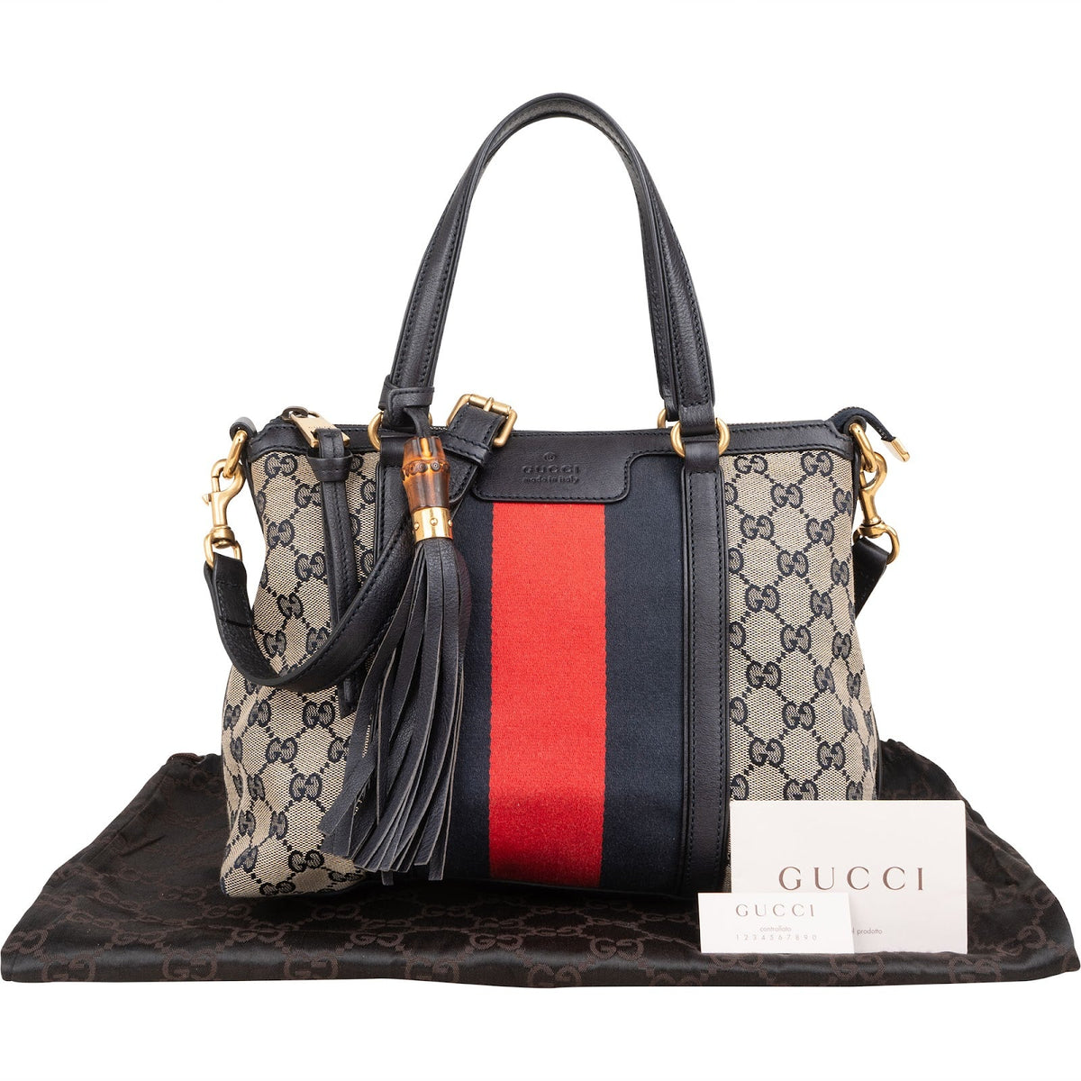 Sac bandoulière Gucci GG Marrakech Web Stripe Bamboo Tassel en toile Monogram