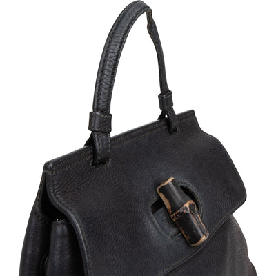 Gucci Black Pebbled Leather Bamboo Handbag