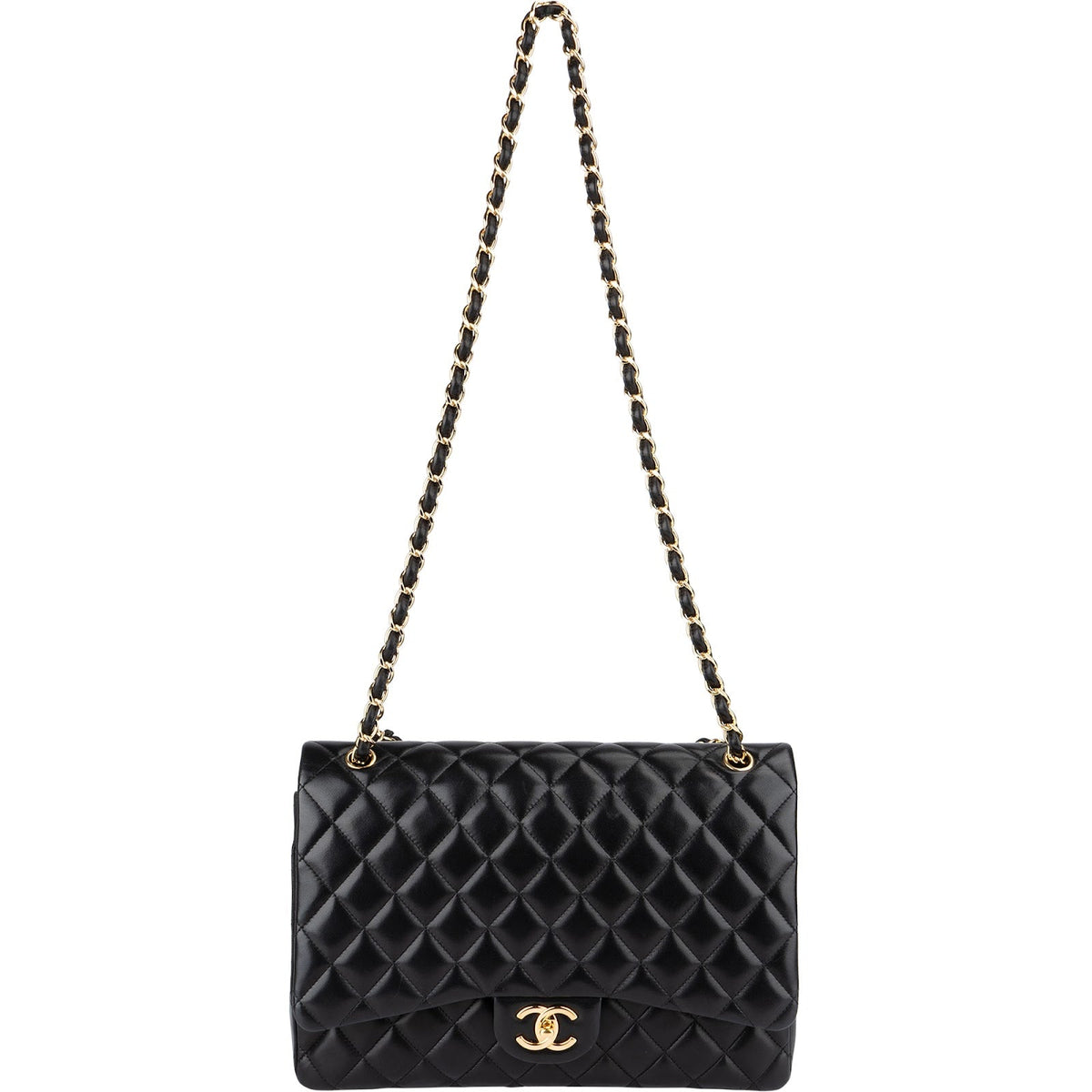 Borsa a tracolla Chanel Maxi Double Flap in pelle di agnello trapuntata con dettagli oro