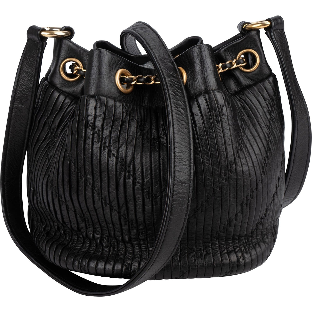 Borsa a secchiello a tracolla Chanel Small Coco Pleats in pelle di vitello plissettata