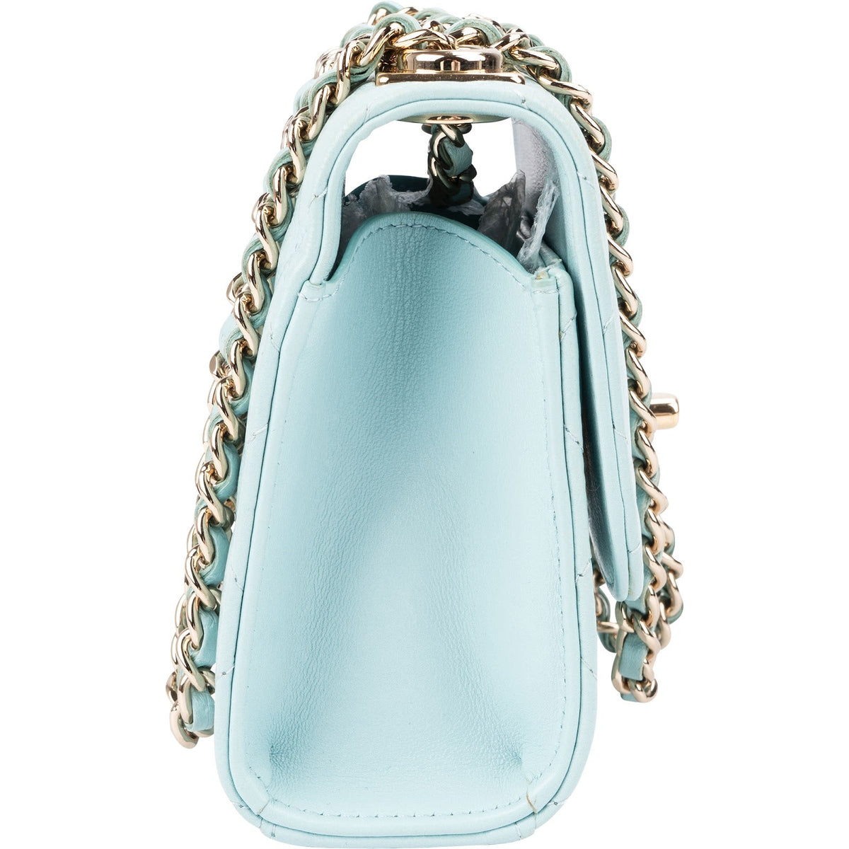 Mini sac bandoulière Chanel à poignée supérieure en cuir d'agneau matelassé bleu clair
