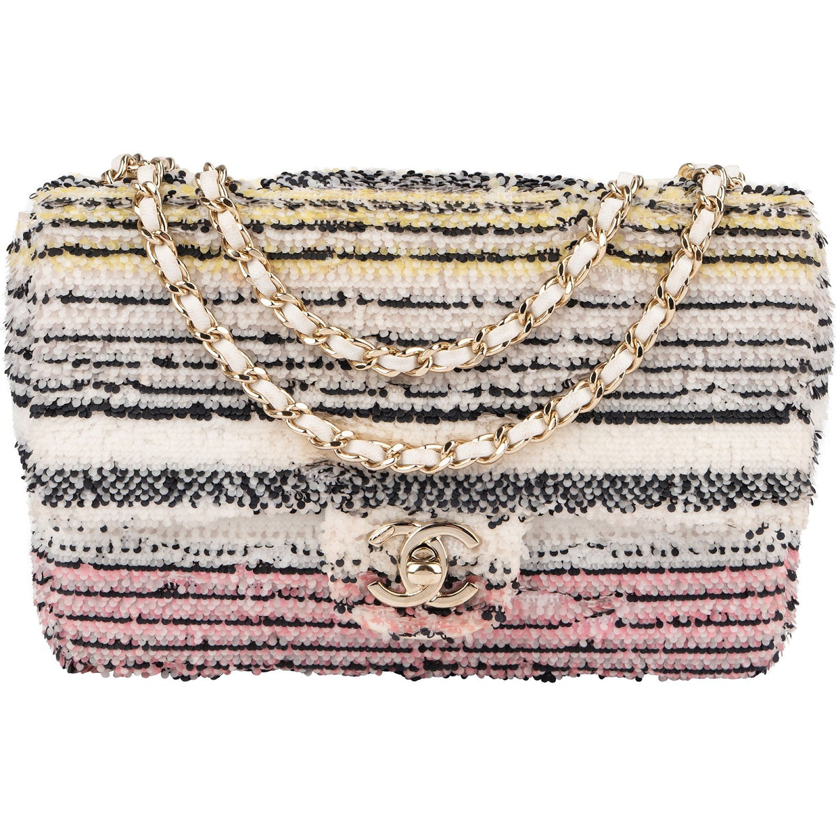 Chanel kleine crossbodytas met enkele flap, veelkleurig gestreept met lovertjes
