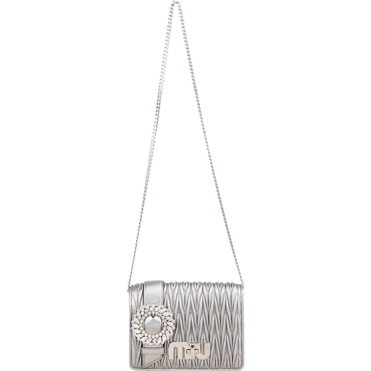 Miu Miu Crossbody mit Kristallen aus silbernem Matelassé-Nappaleder – Ansicht 8