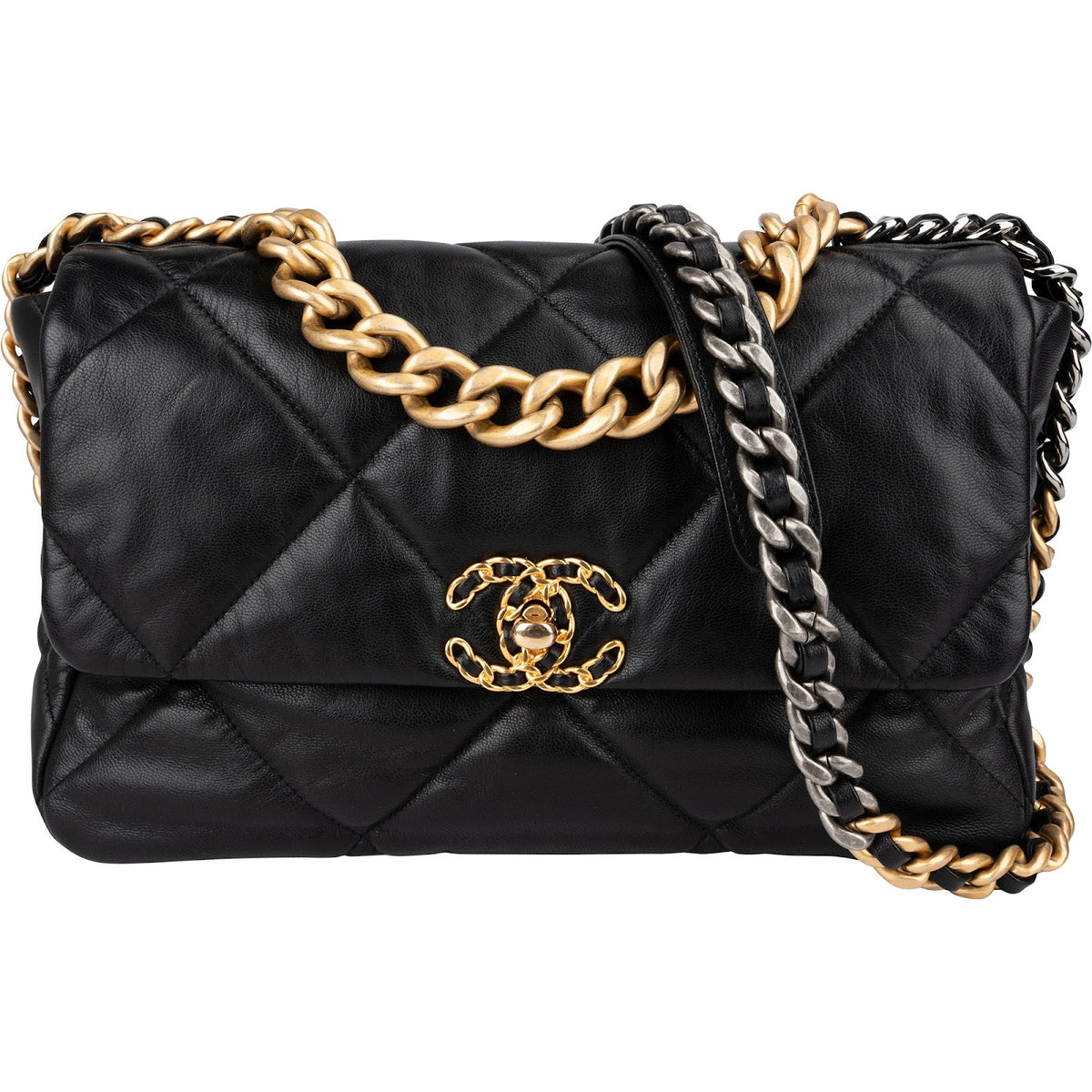 Borsa a tracolla Chanel 19 grande in pelle di agnello trapuntata con patta singola