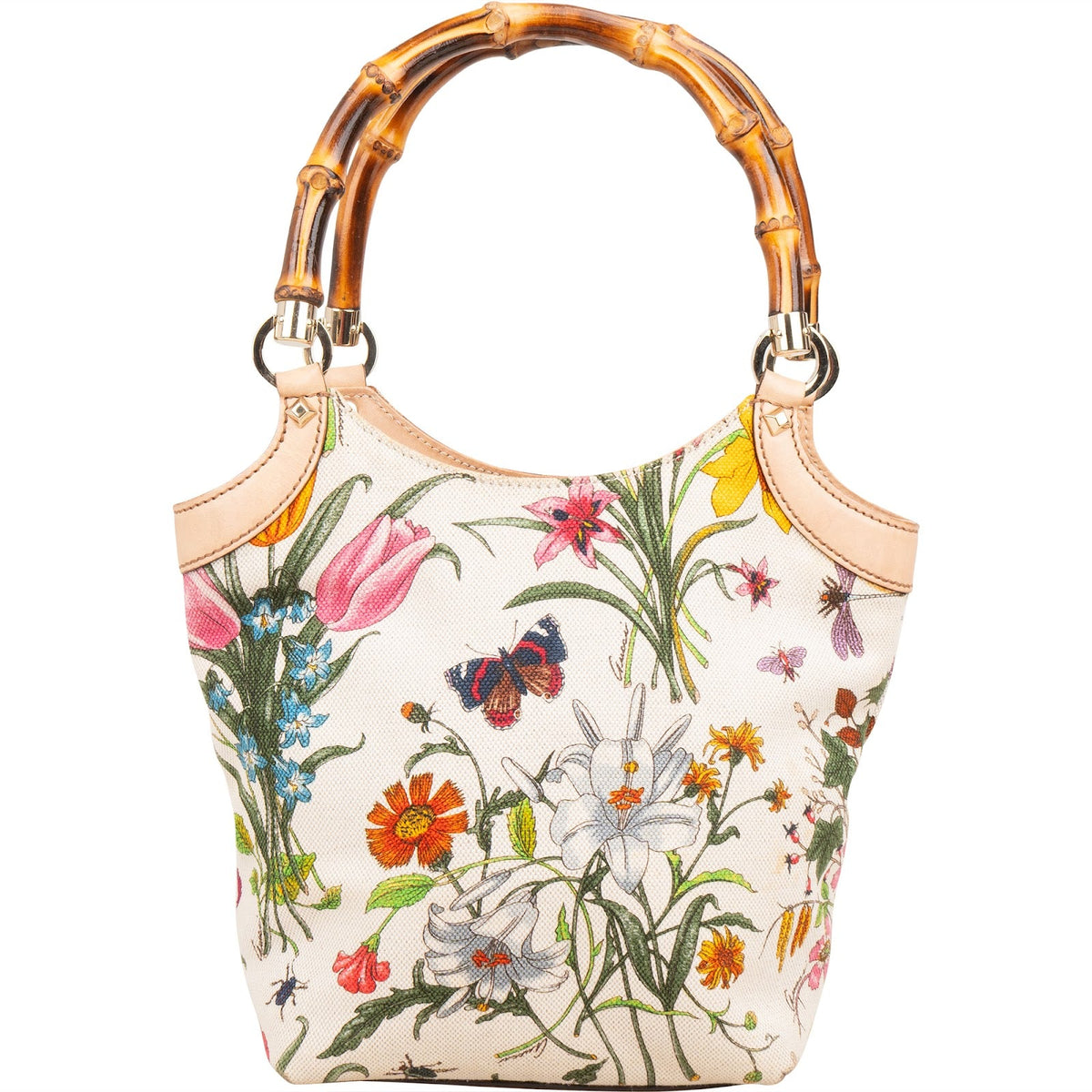 Gucci Floral Print Canvas Bamboo Handle Tote aus Canvas und Leder – Vorderansicht