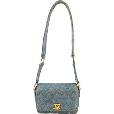 Chanel Iconic Quilted Denim 24K Gold Single Flap Runaway Shoulder Bag