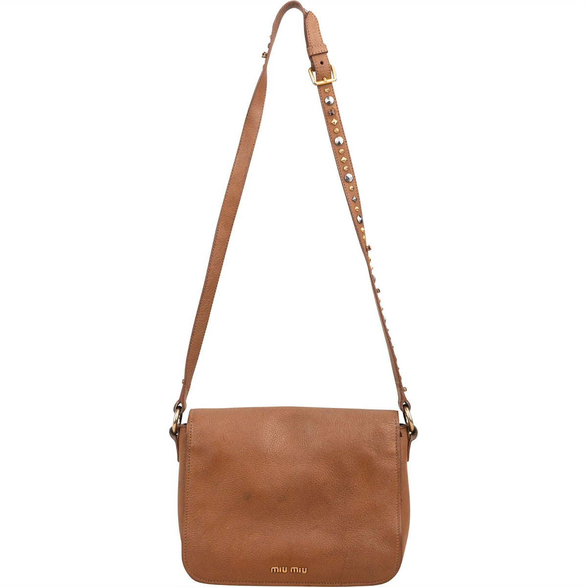 Miu Miu Brown Grained Leather Studded Bow Shoulder Bag