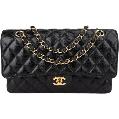 Chanel Quilted Caviar Leather Gold Medium Double Flap Crossbody Bag