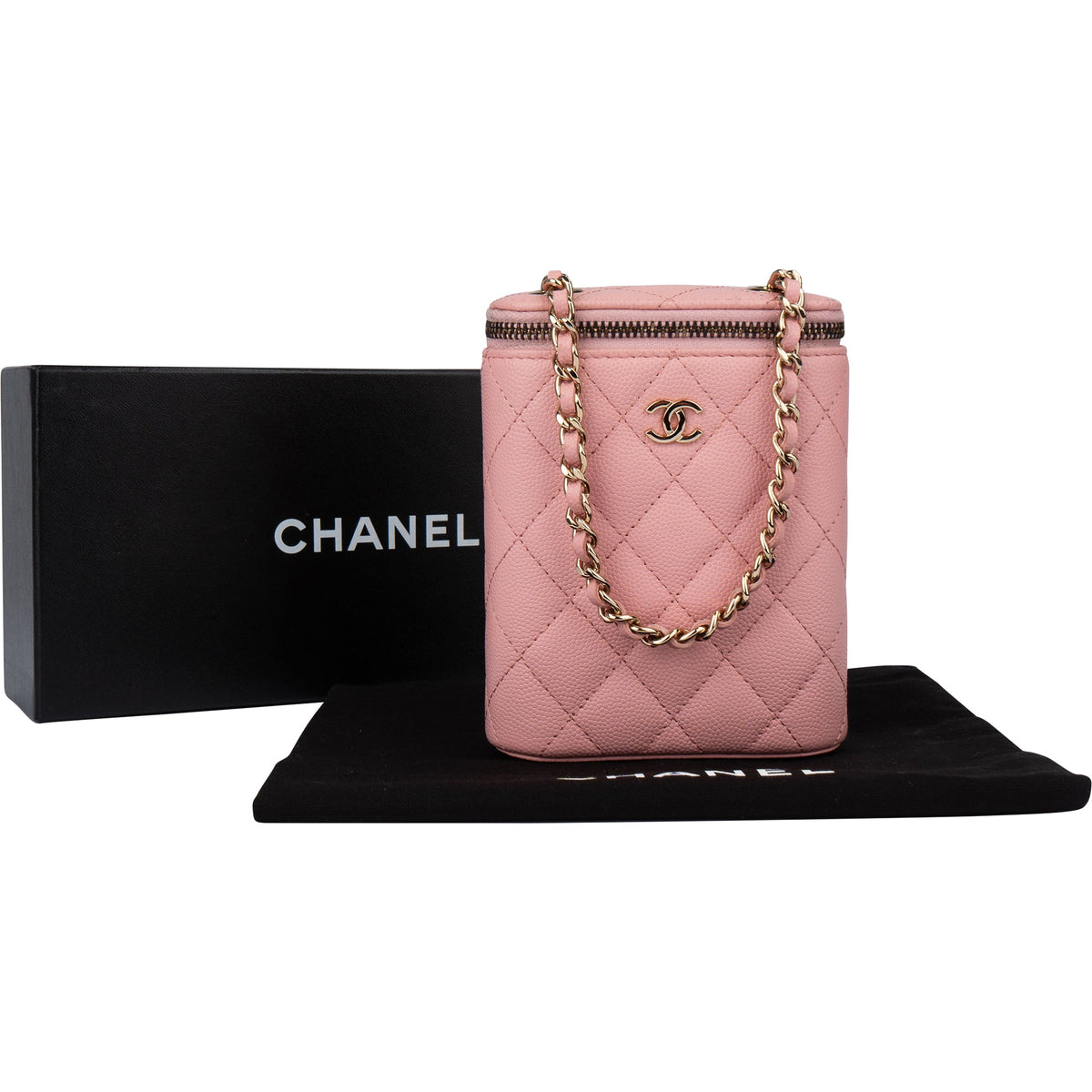 Borsa a tracolla Chanel Mini Vertical Vanity in pelle caviar rosa