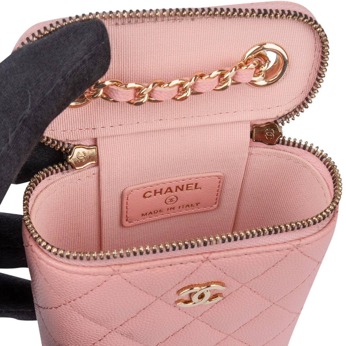 Borsa a tracolla Chanel Mini Vertical Vanity in pelle caviar rosa