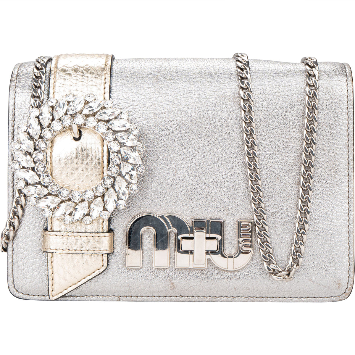 Miu Miu Cromo Flap aus silbernem Leder – Vorderansicht
