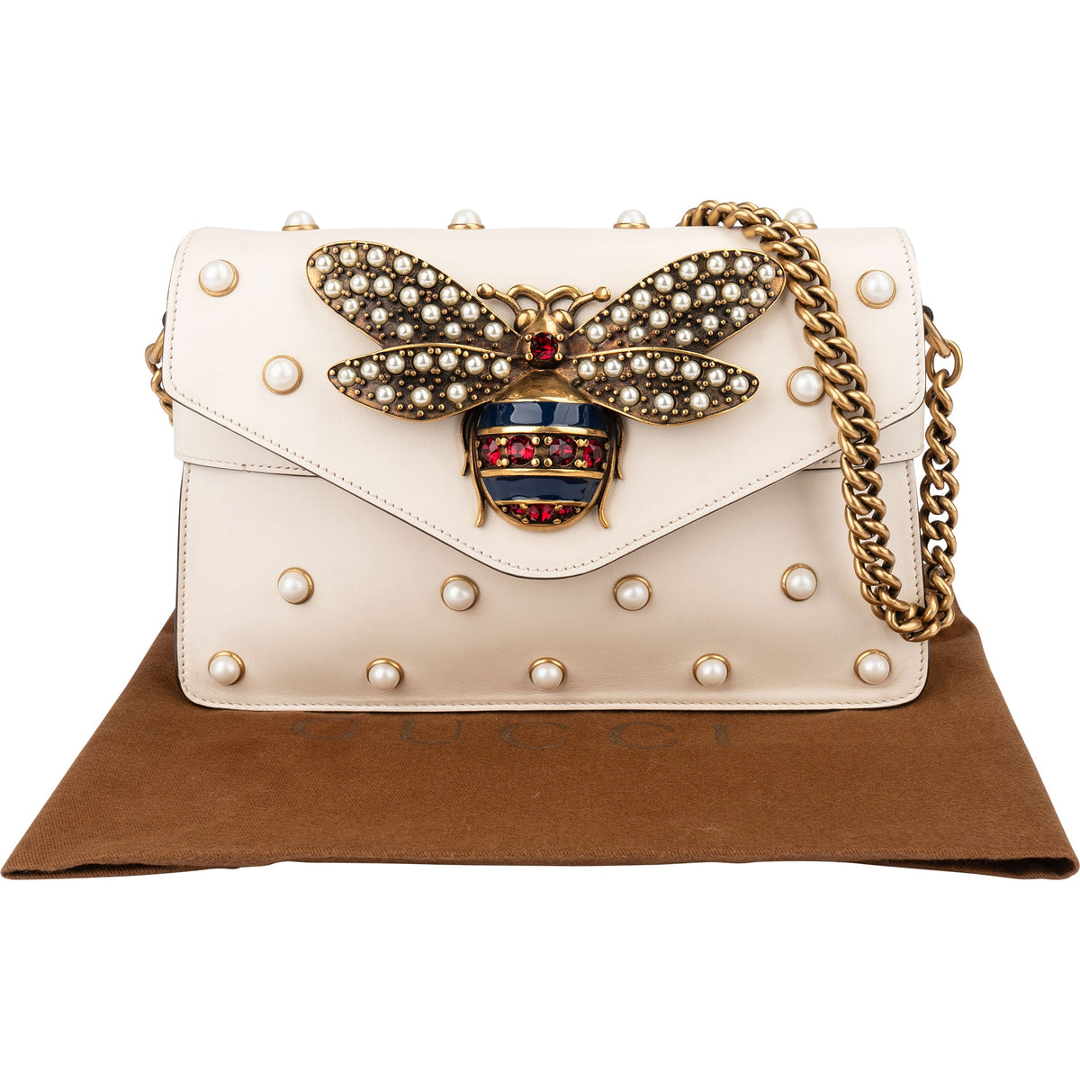 Borsa a spalla Gucci Queen Margaret in pelle bianca con ape