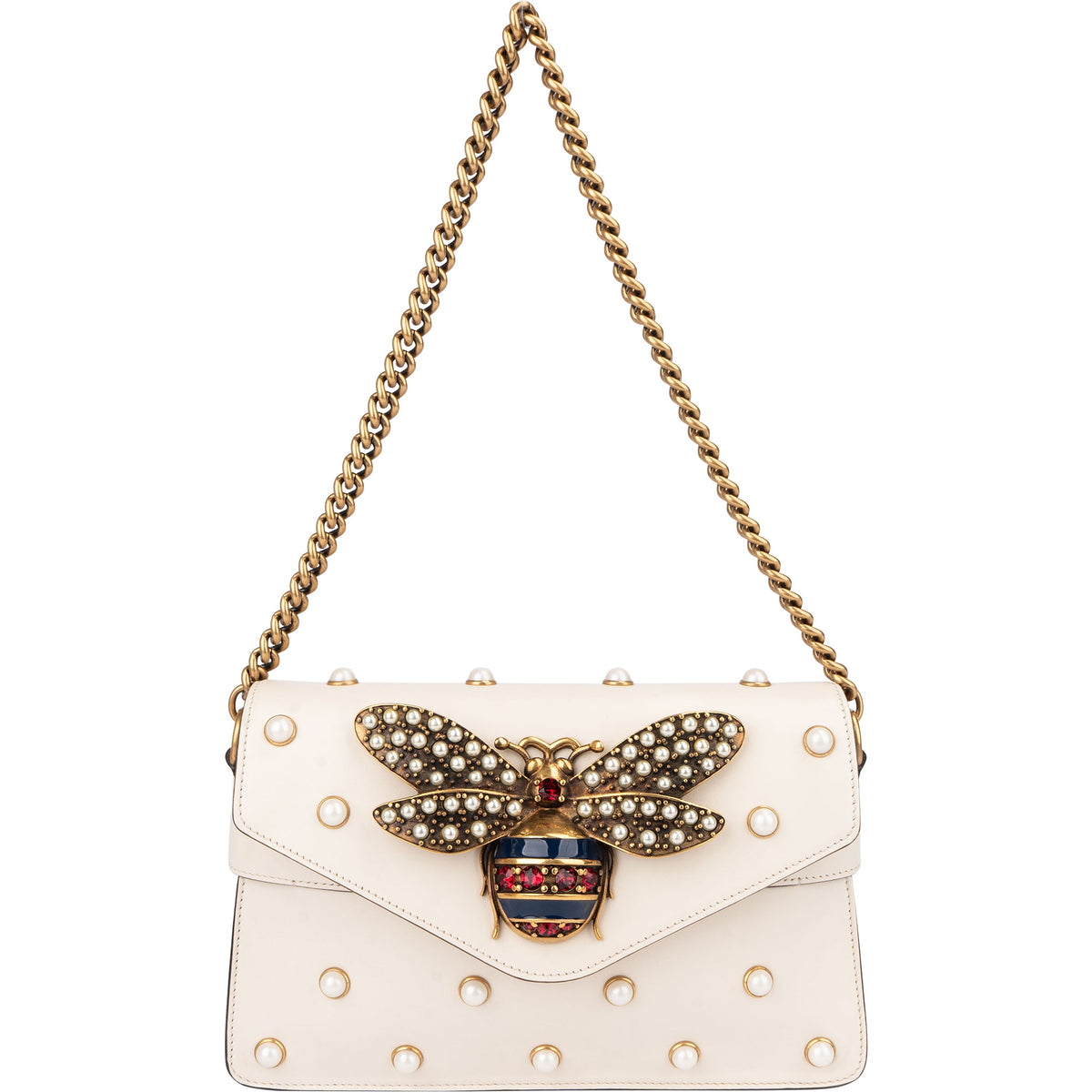 Borsa a spalla Gucci Queen Margaret in pelle bianca con ape