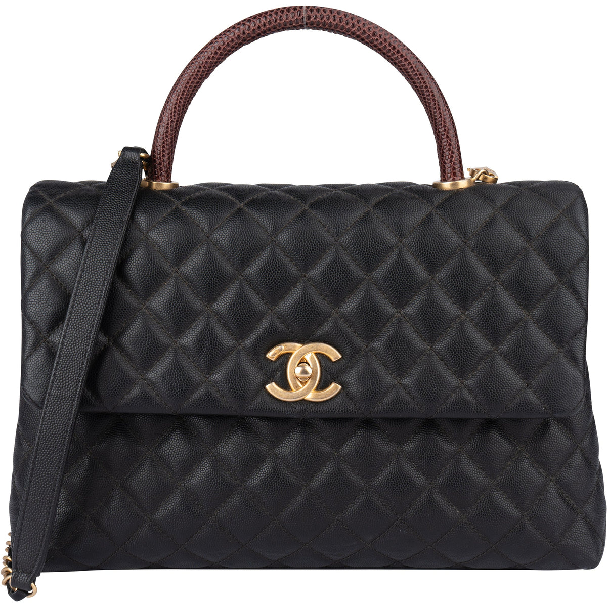 Chanel CC Coco Top Handle aus Caviar-Leder mit Eidechsenleder-Henkel – Vorderansicht