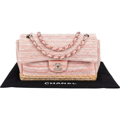 Chanel Quilted Tweed Palladium Espadrilles Single Flap Crossbody Bag
